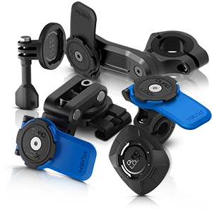 Différents supports et adaptateurs Quad Lock en noir et bleu.